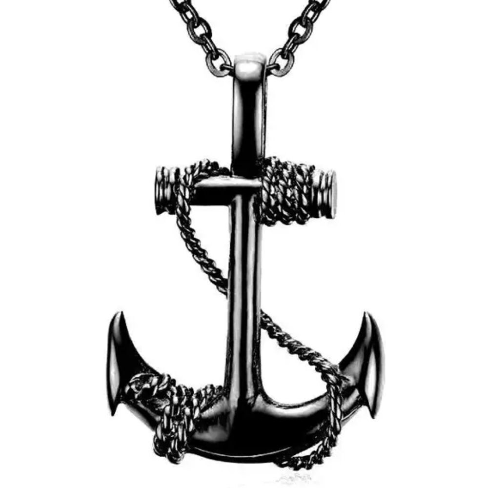 Stainless Steel Sea Anchor‎ Mens Necklace in Black